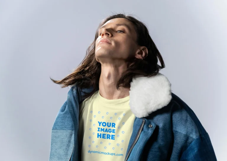 Man Wearing Cream T-shirt Mockup Front View Template