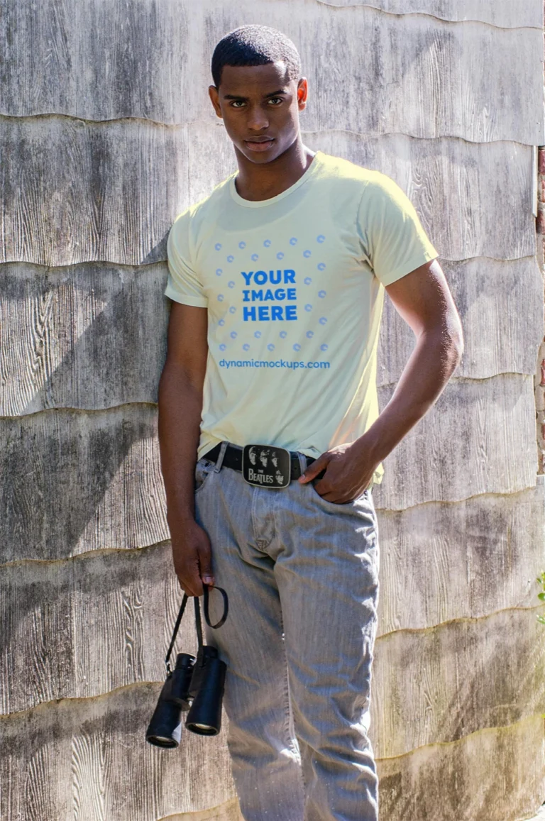Man Wearing Cream T-shirt Mockup Front View Template