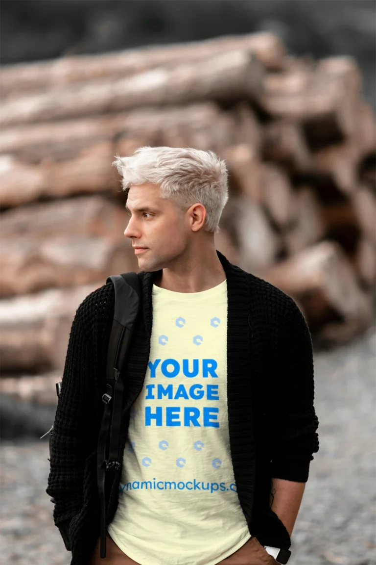 Man Wearing Cream T-shirt Mockup Front View Template