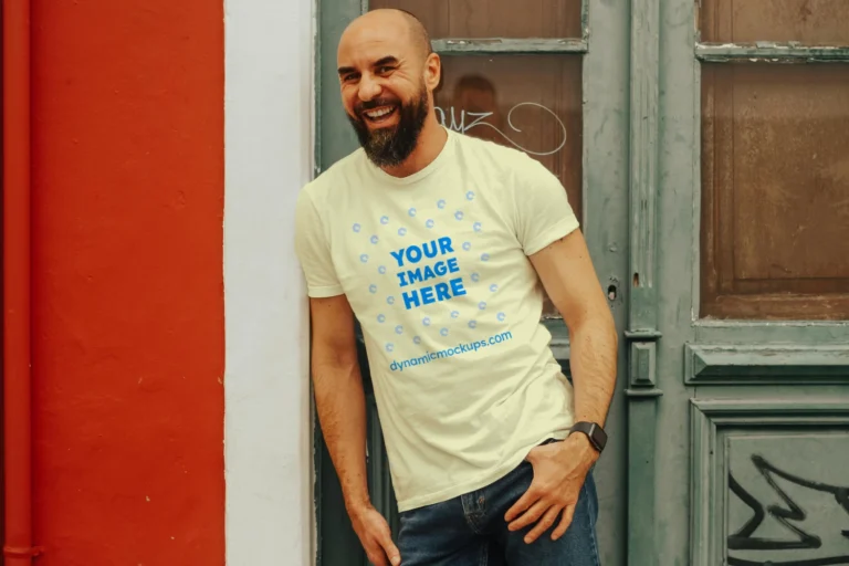 Man Wearing Cream T-shirt Mockup Front View Template