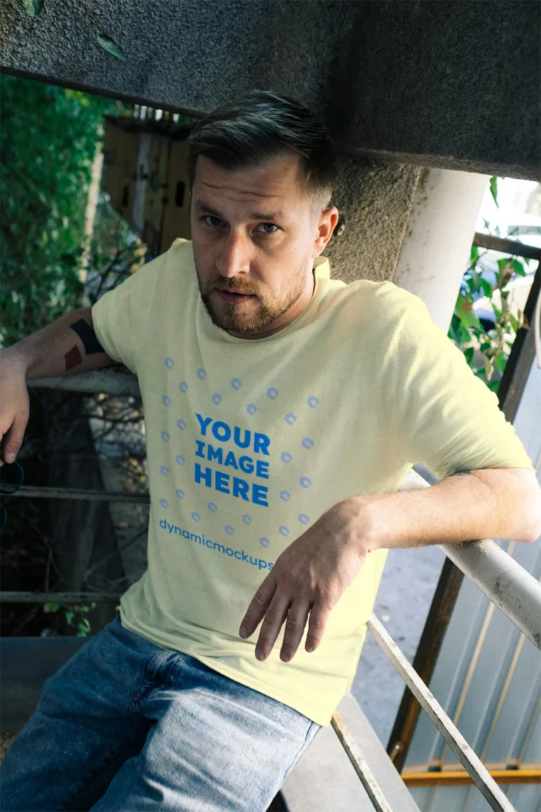 Man Wearing Cream T-shirt Mockup Front View Template