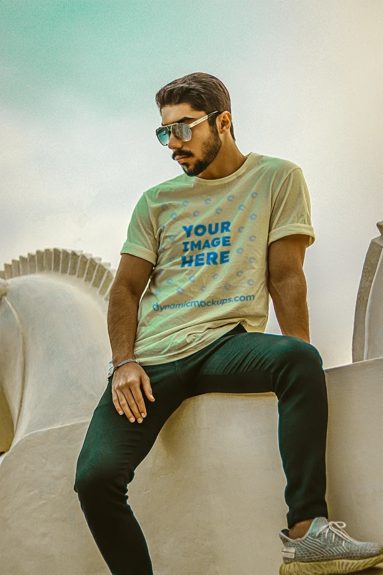 Man Wearing Cream T-shirt Mockup Front View Template