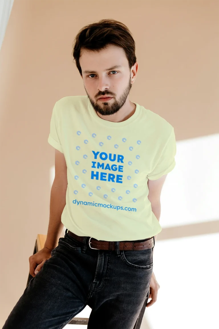 Man Wearing Cream T-shirt Mockup Front View Template