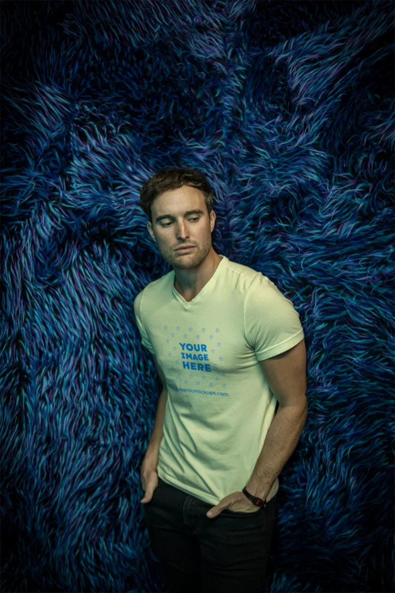 Man Wearing Cream T-shirt Mockup Front View Template