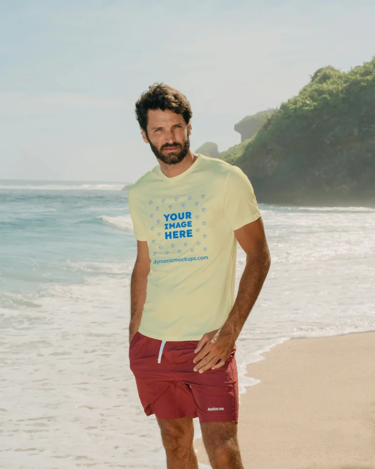 Man Wearing Cream T-shirt Mockup Front View Template