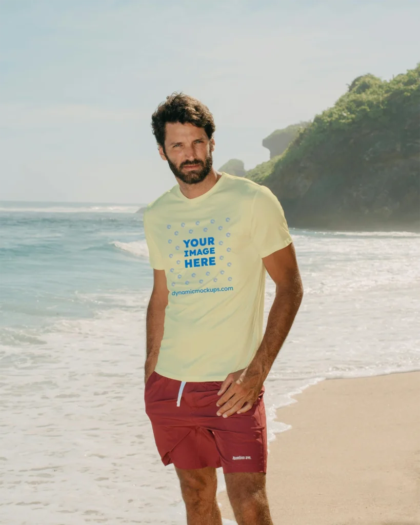 Man Wearing Cream T-shirt Mockup Front View Template