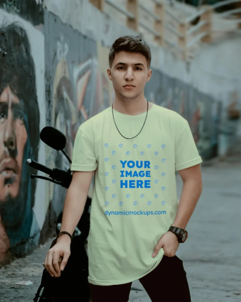 Man Wearing Cream T-shirt Mockup Front View Template