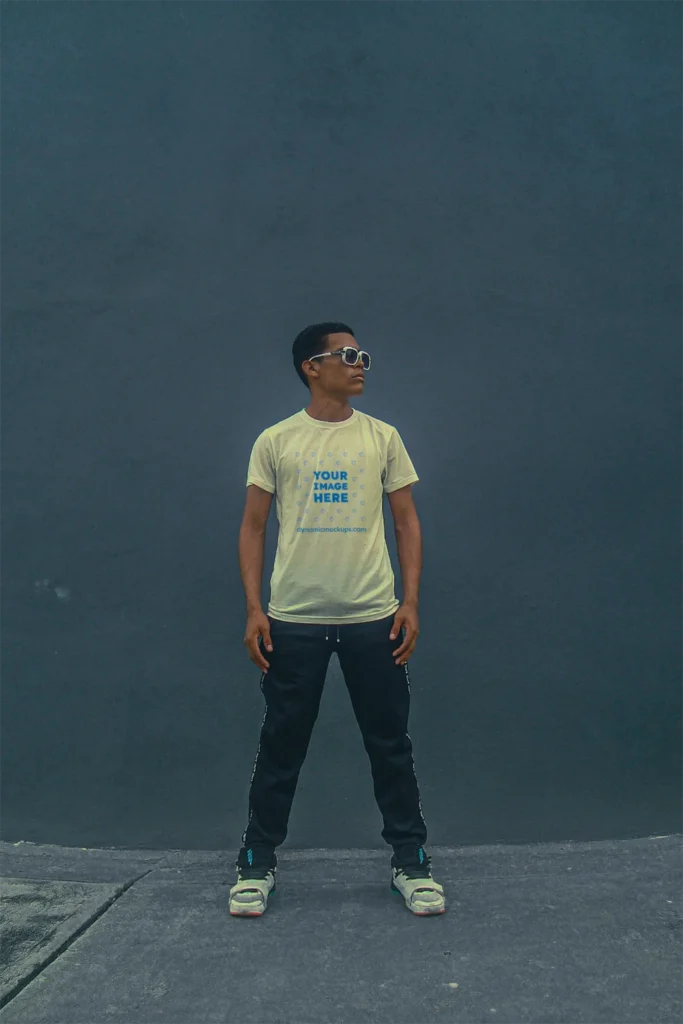 Man Wearing Cream T-shirt Mockup Front View Template
