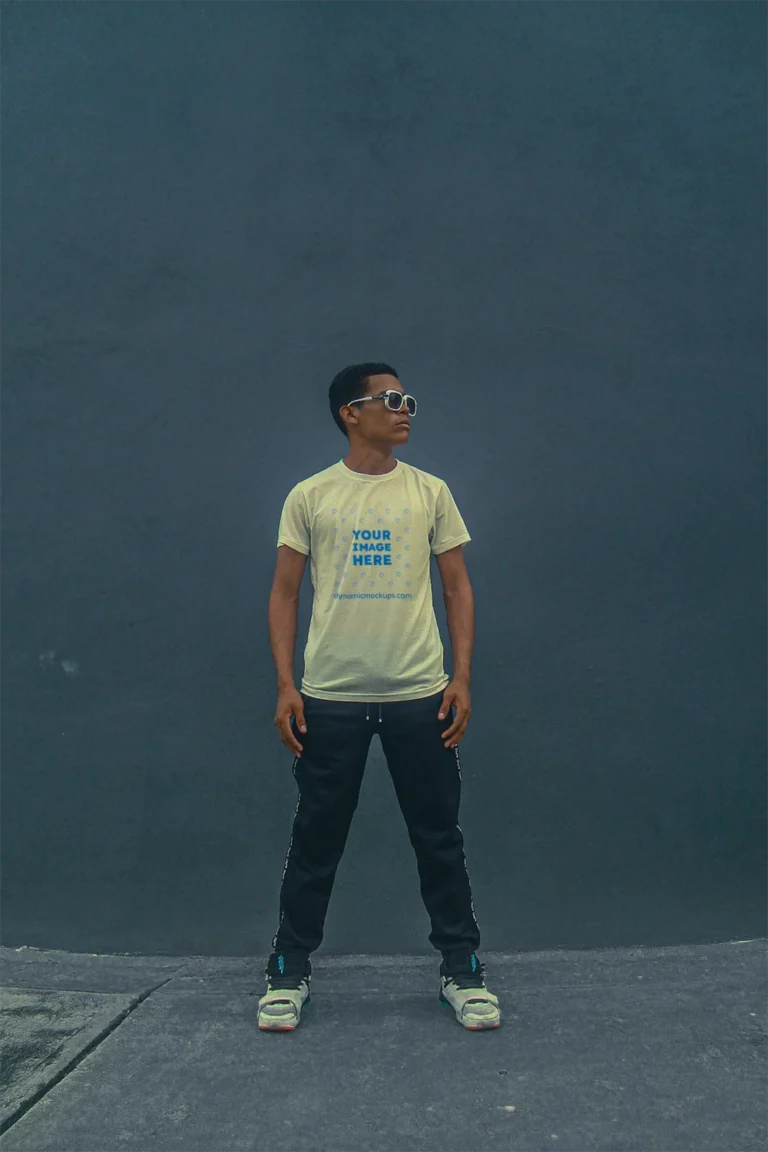 Man Wearing Cream T-shirt Mockup Front View Template