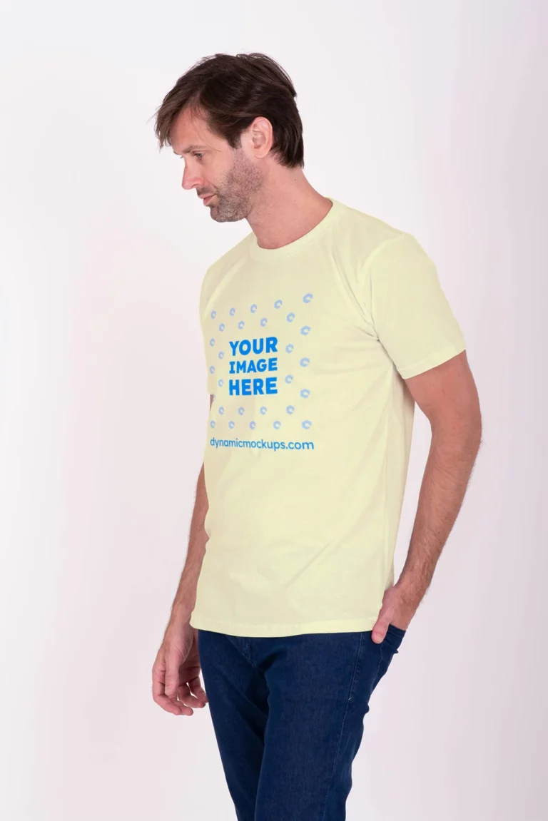 Man Wearing Cream T-shirt Mockup Front View Template