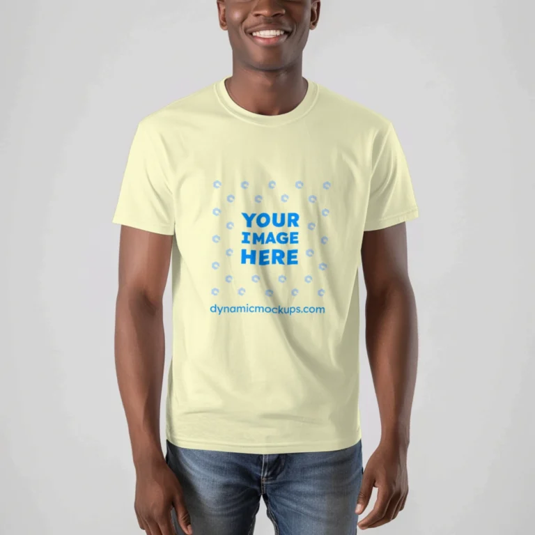 Man Wearing Cream T-shirt Mockup Front View Template