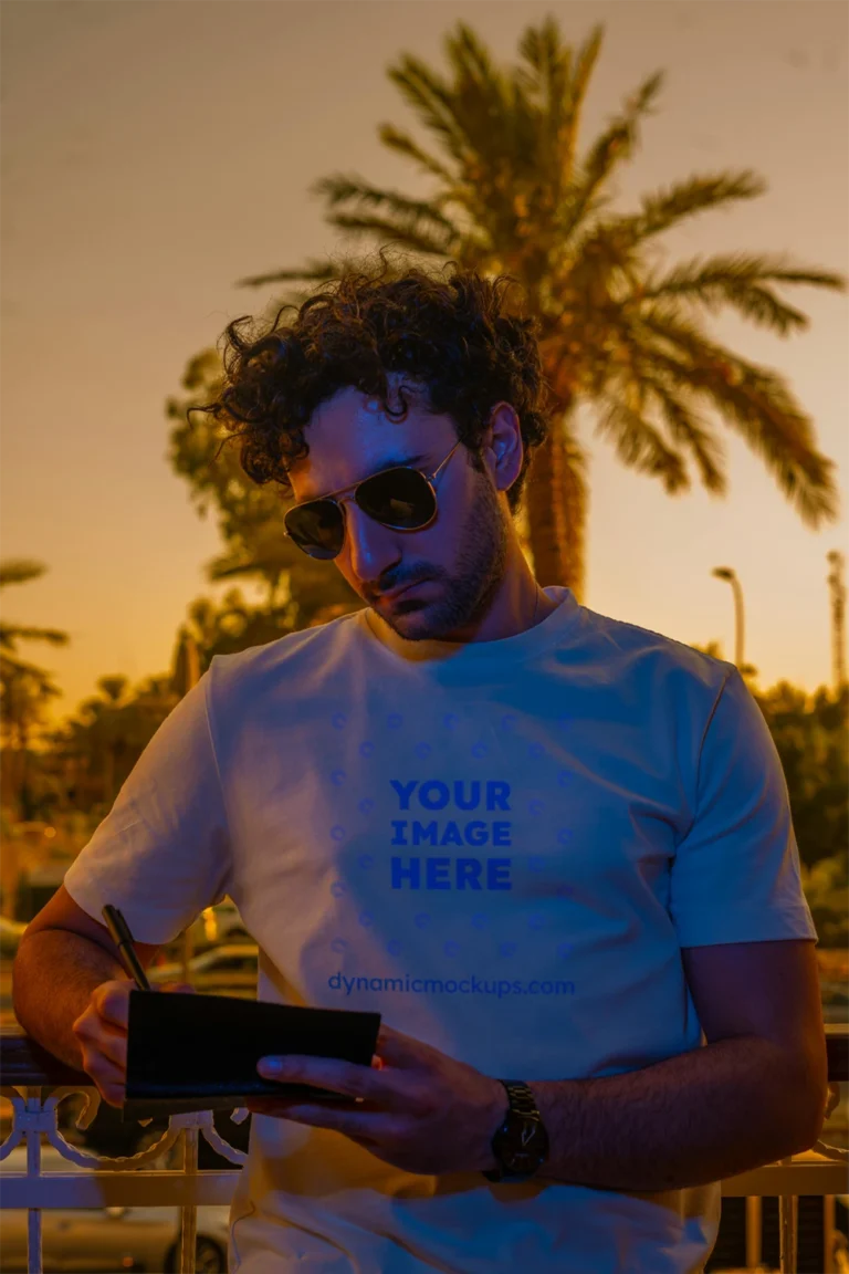 Man Wearing Cream T-shirt Mockup Front View Template