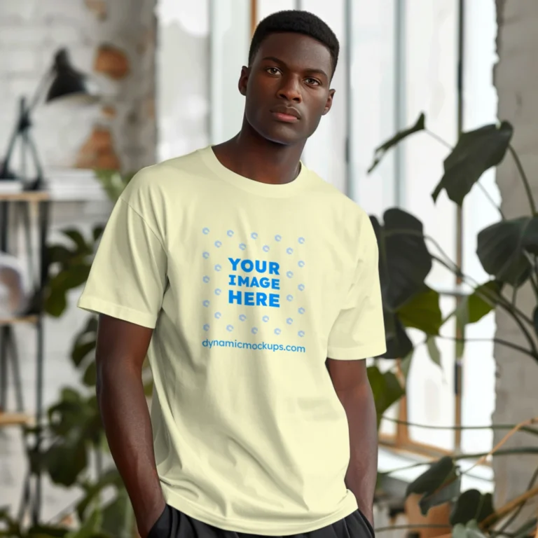 Man Wearing Cream T-shirt Mockup Front View Template