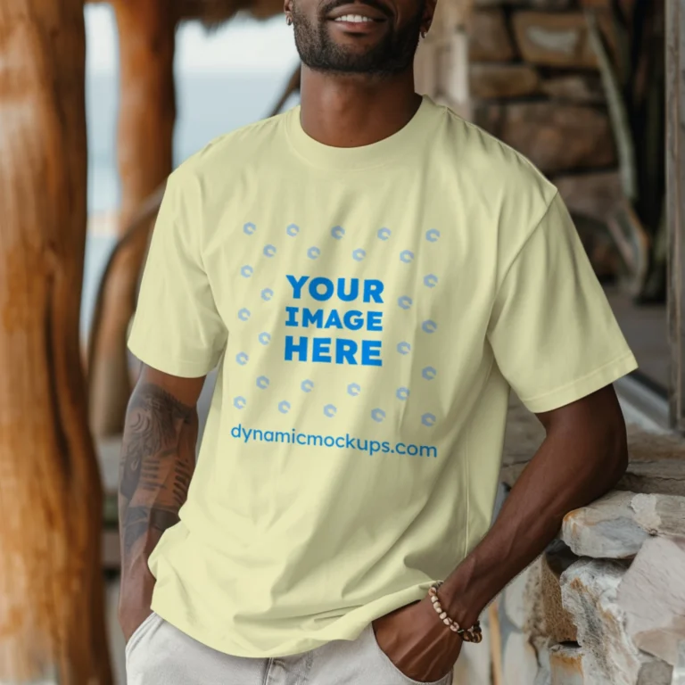 Man Wearing Cream T-shirt Mockup Front View Template