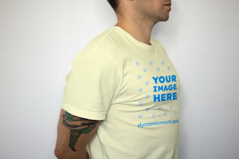 Man Wearing Cream T-shirt Mockup Front View Template