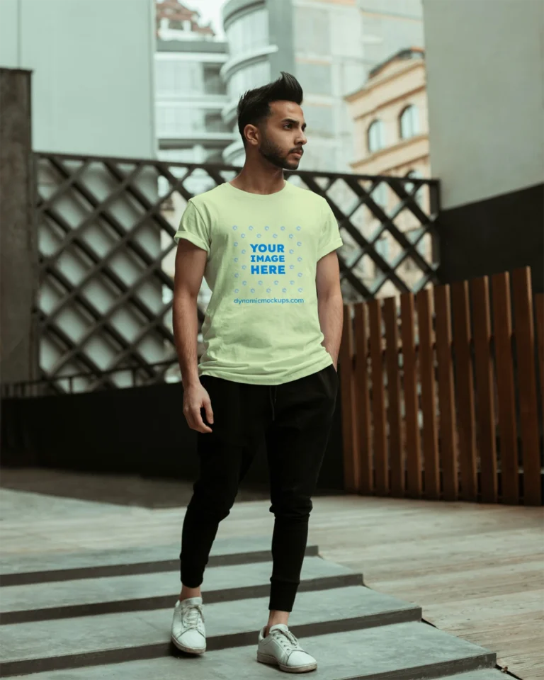 Man Wearing Cream T-shirt Mockup Front View Template