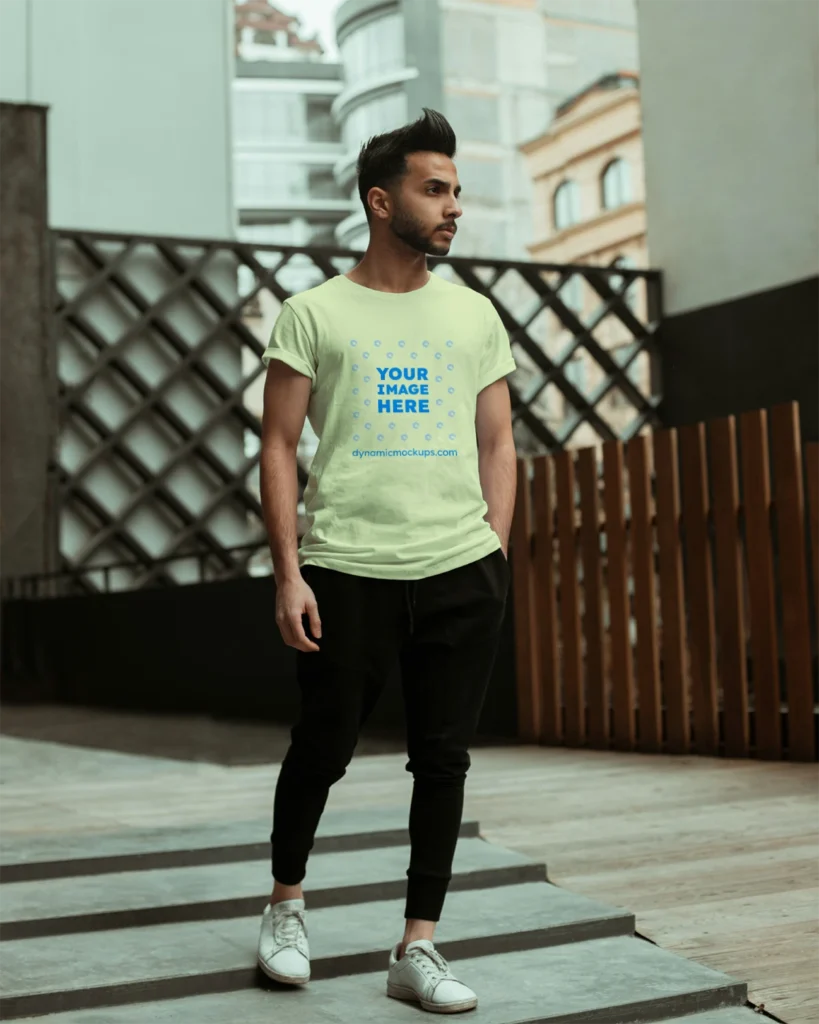 Man Wearing Cream T-shirt Mockup Front View Template