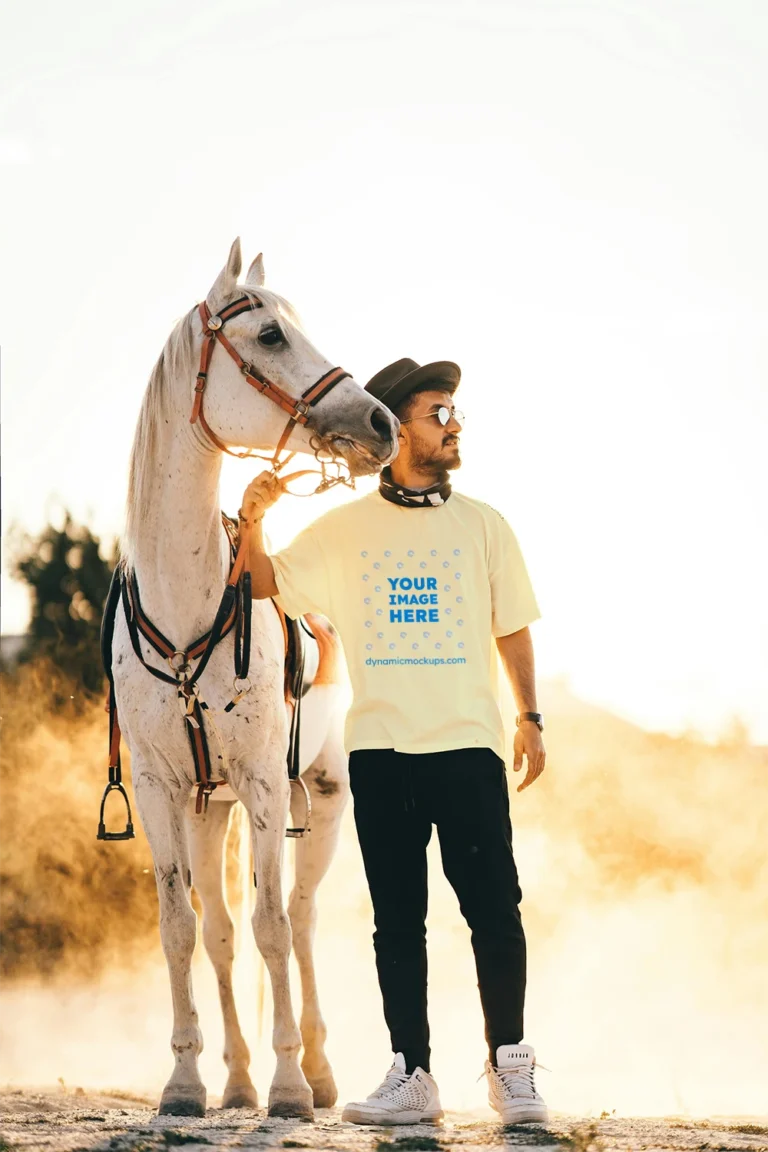 Man Wearing Cream T-shirt Mockup Front View Template