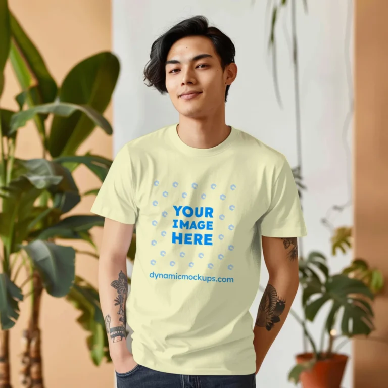 Man Wearing Cream T-shirt Mockup Front View Template