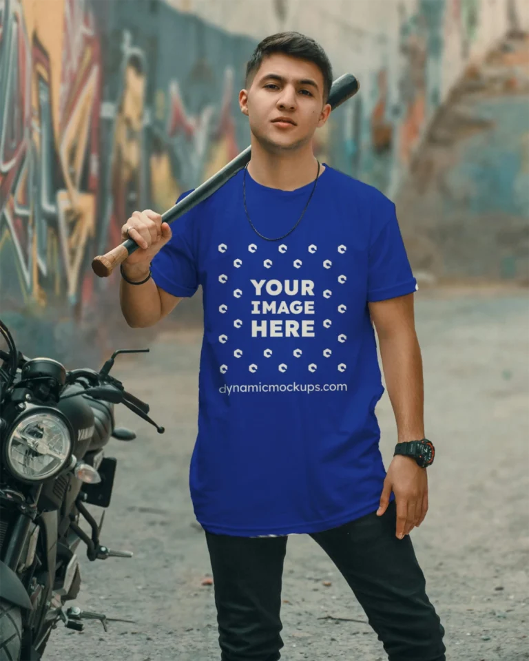 Man Wearing Dark Blue T-shirt Mockup Front View Template