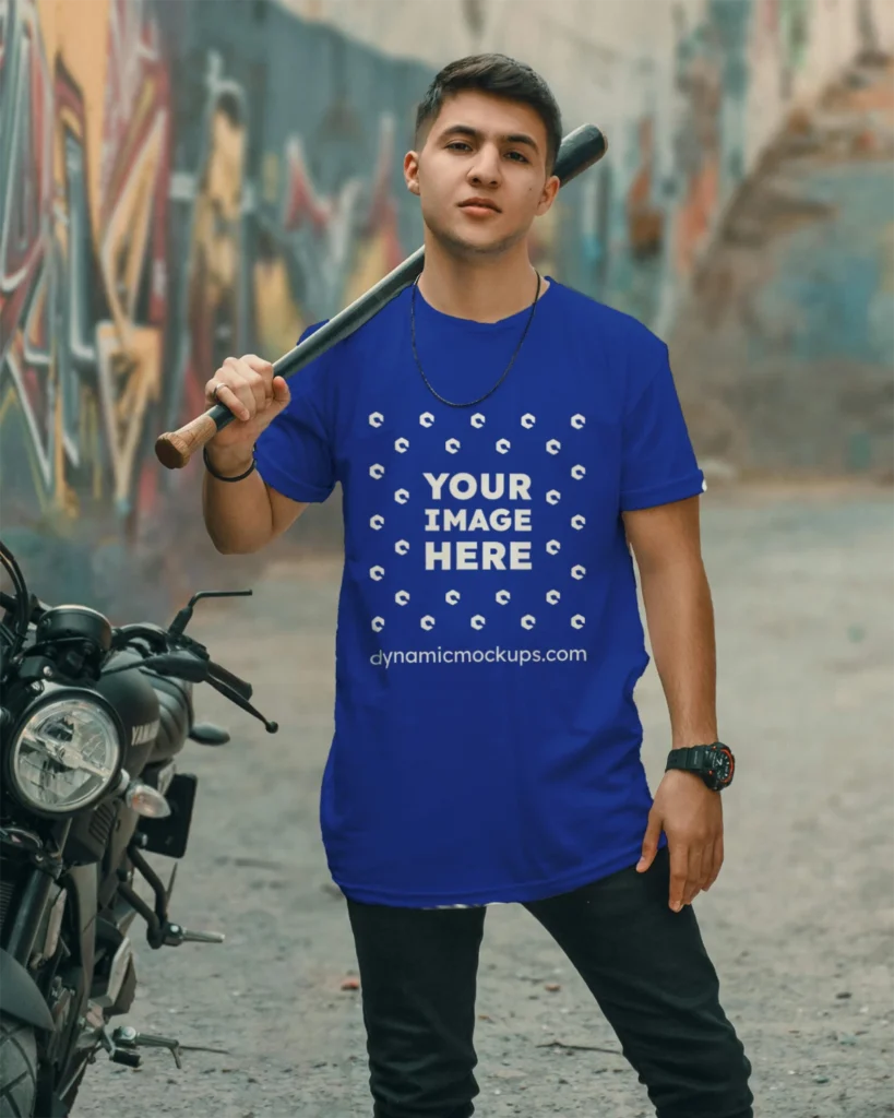 Man Wearing Dark Blue T-shirt Mockup Front View Template