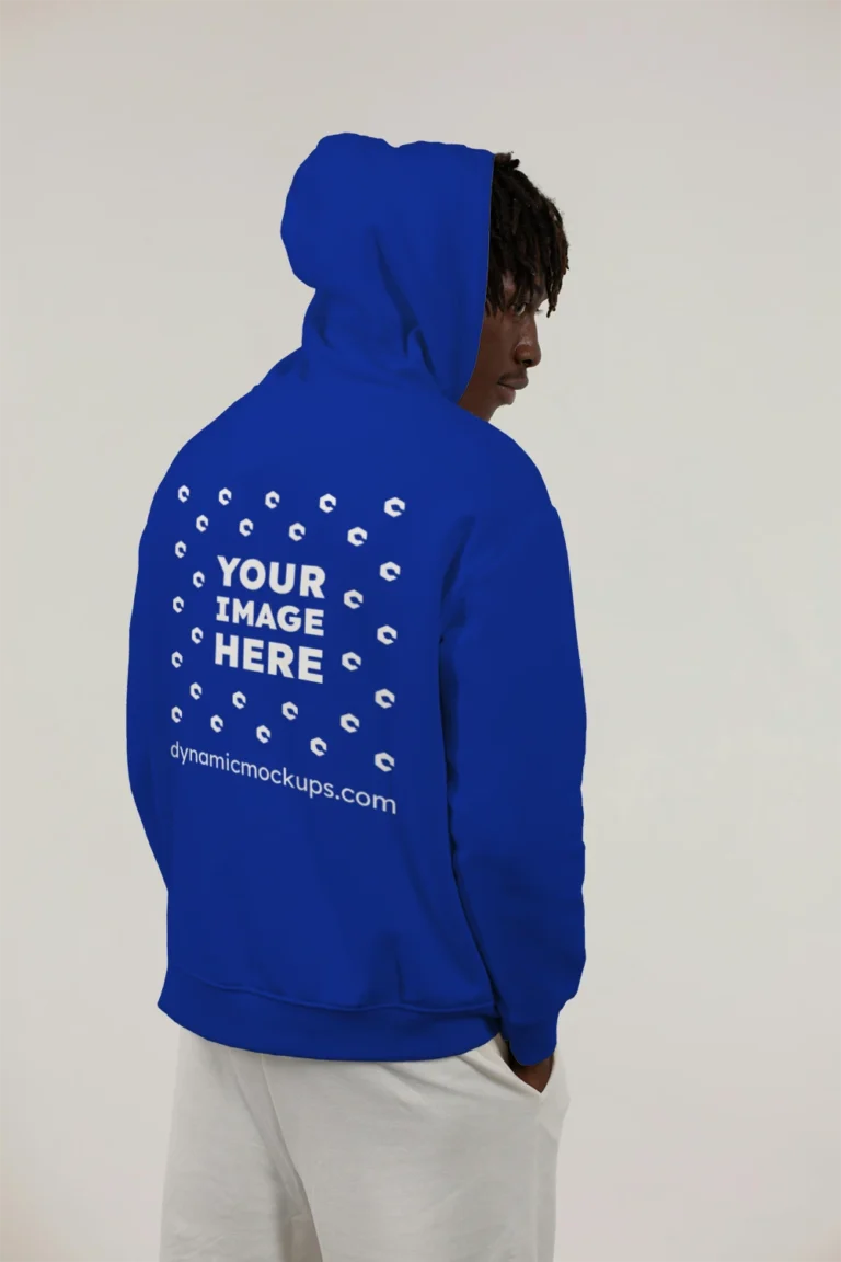 Man Wearing Dark Blue Hoodie Mockup Back View Template