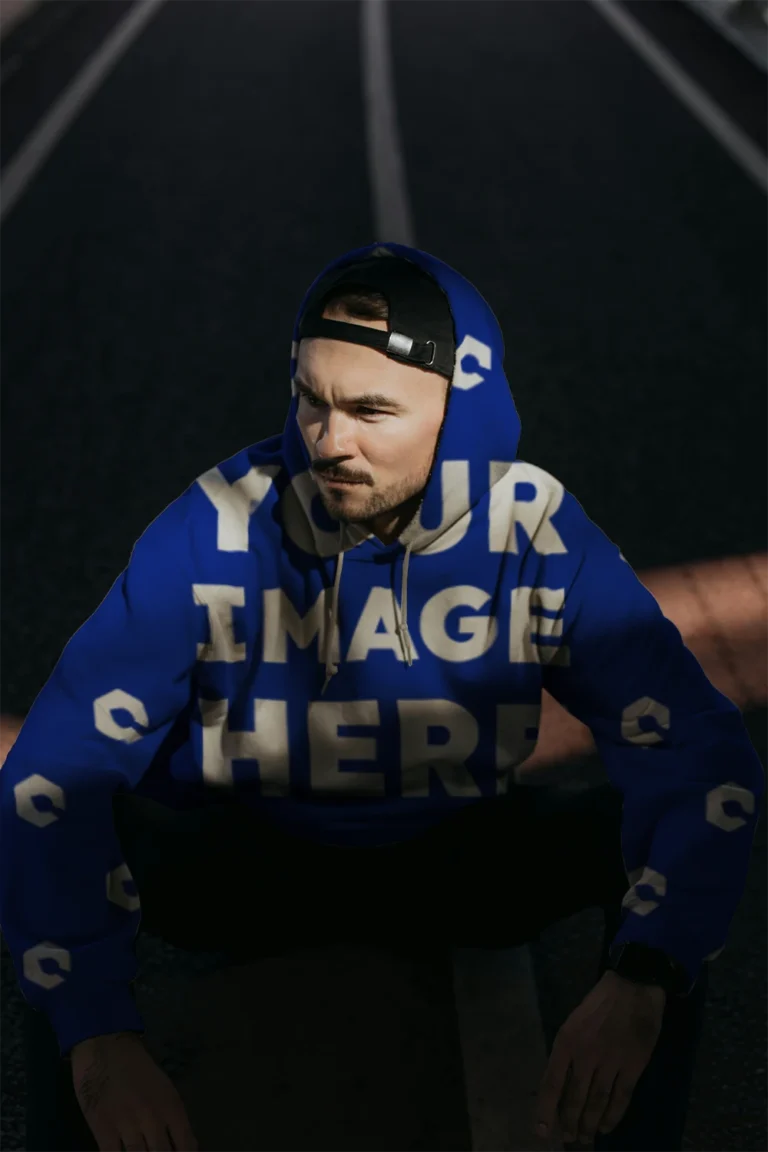 Man Wearing Dark Blue Hoodie Mockup Front View Template