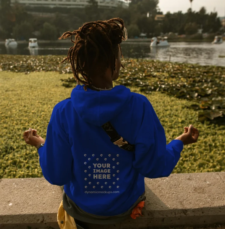 Man Wearing Dark Blue Hoodie Mockup Back View Template