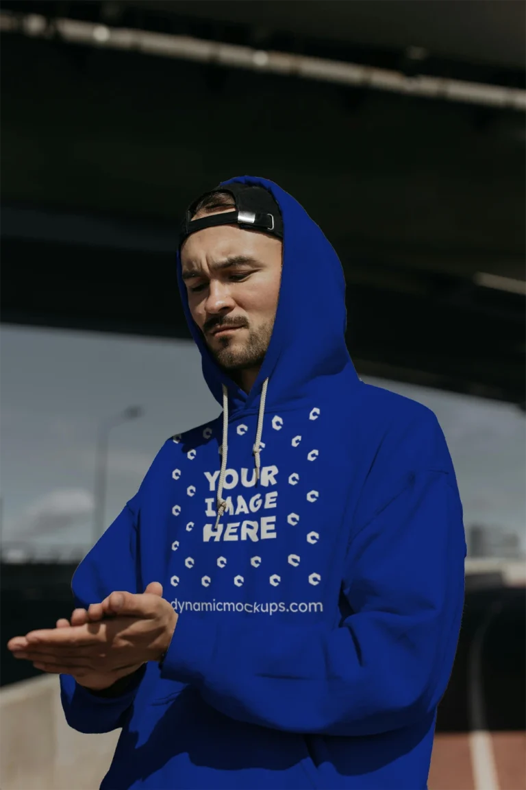 Man Wearing Dark Blue Hoodie Mockup Front View Template