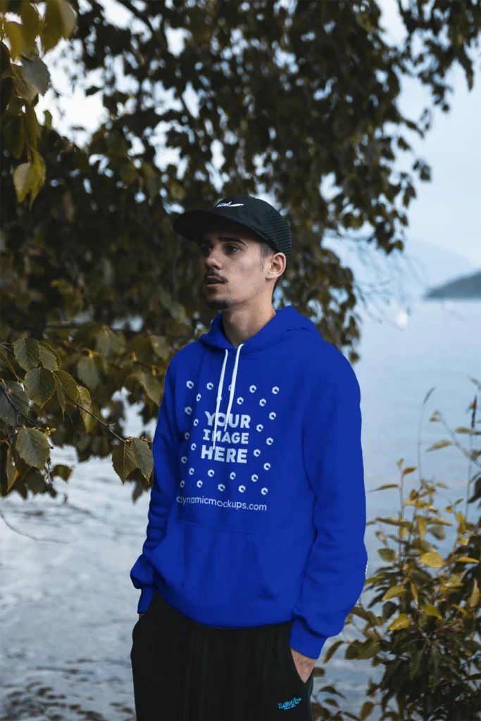 Man Wearing Dark Blue Hoodie Mockup Front View Template