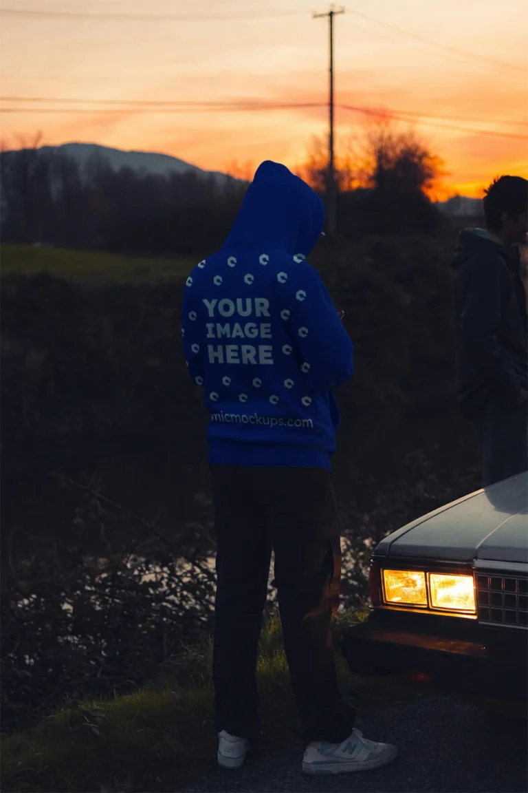 Man Wearing Dark Blue Hoodie Mockup Back View Template