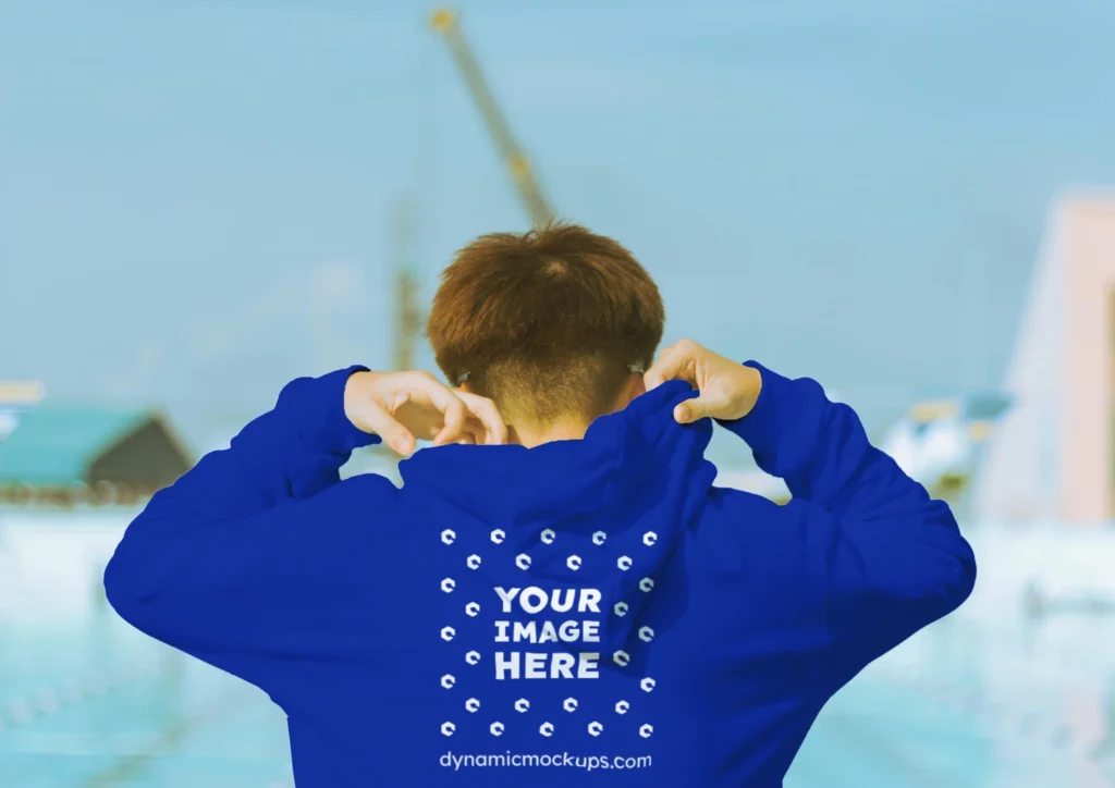 Man Wearing Dark Blue Hoodie Mockup Back View Template