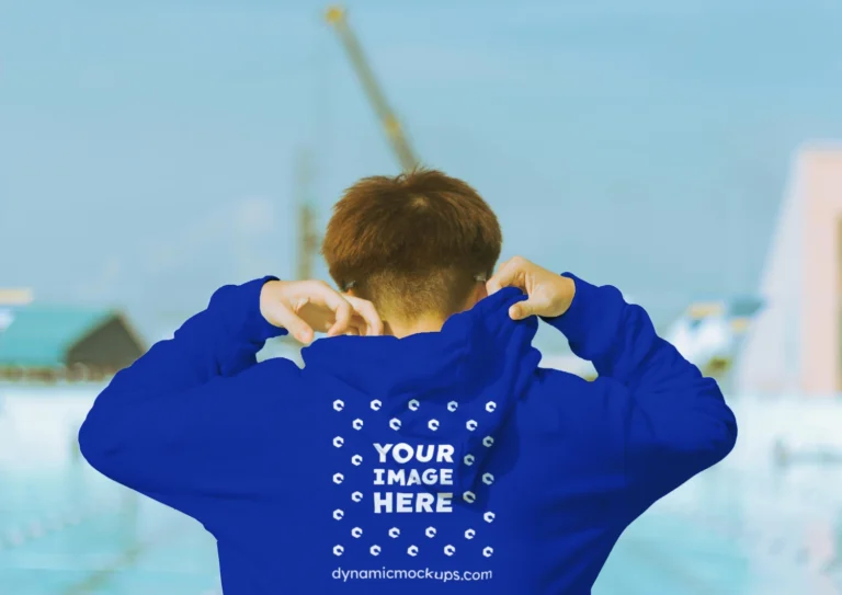 Man Wearing Dark Blue Hoodie Mockup Back View Template