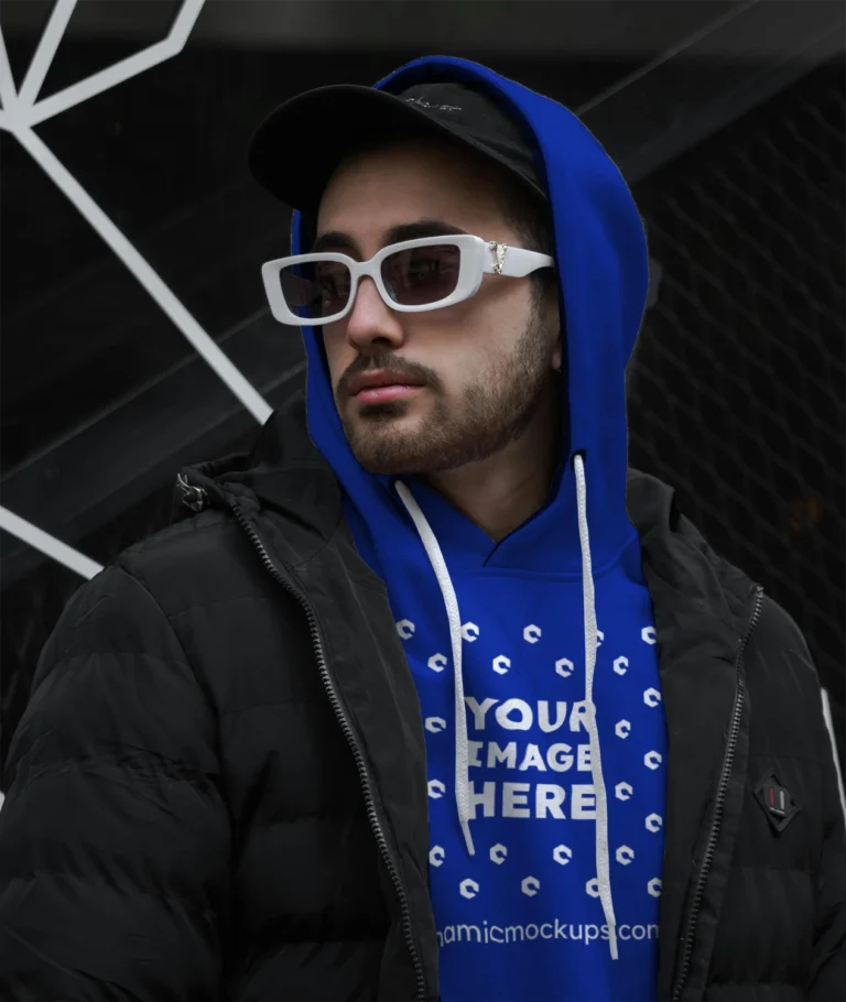 Man Wearing Dark Blue Hoodie Mockup Front View Template