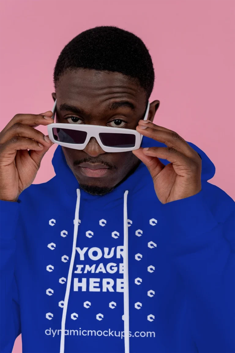 Man Wearing Dark Blue Hoodie Mockup Front View Template