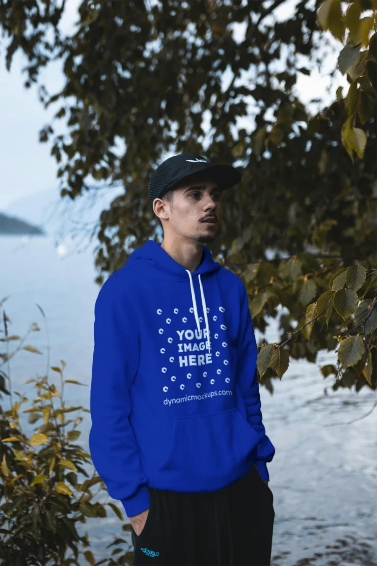 Man Wearing Dark Blue Hoodie Mockup Front View Template