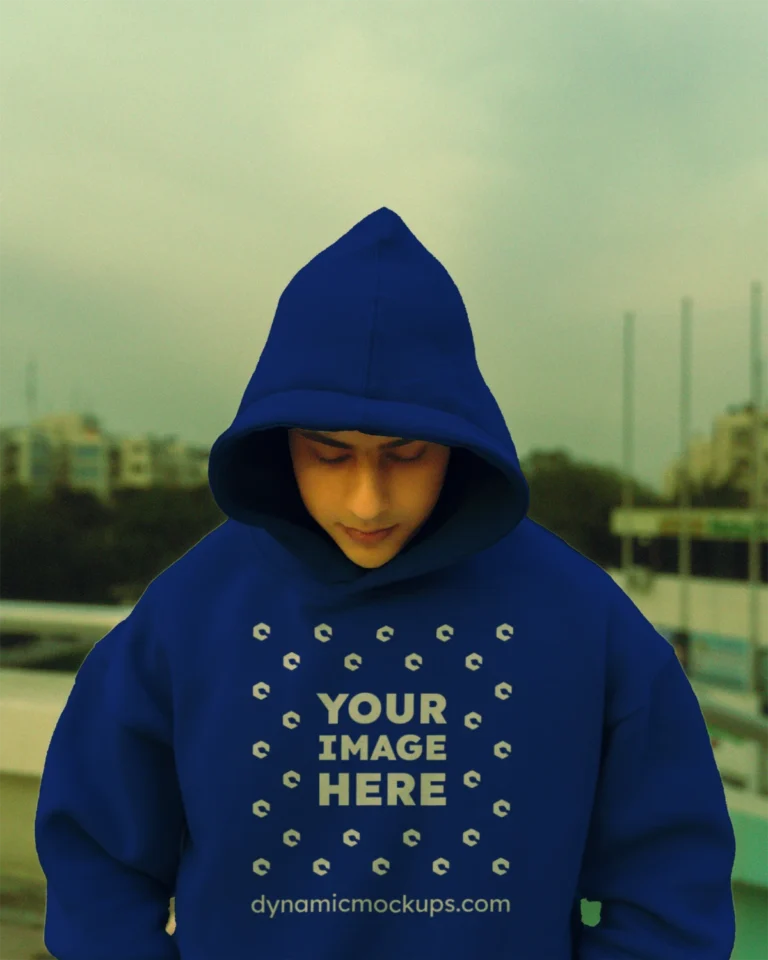 Man Wearing Dark Blue Hoodie Mockup Front View Template