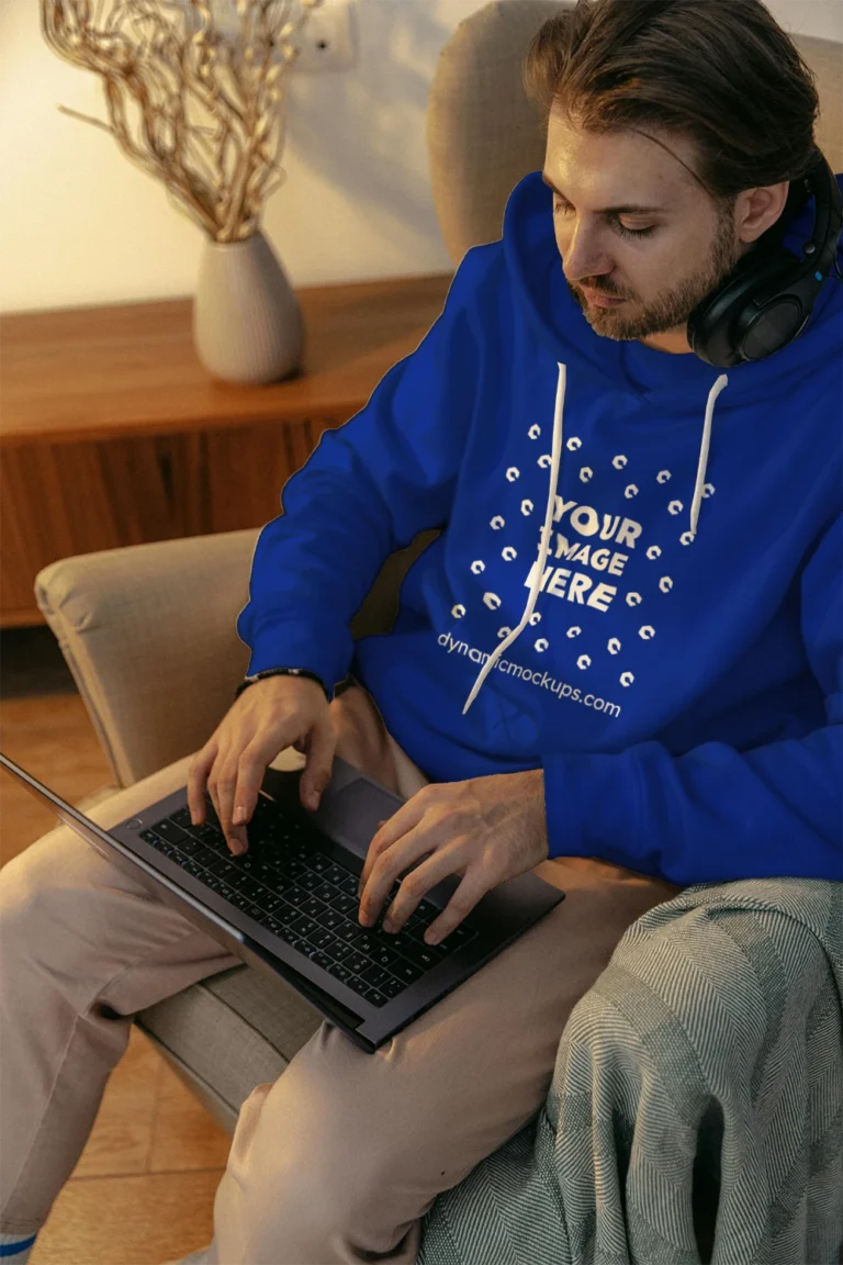 Man Wearing Dark Blue Hoodie Mockup Front View Template