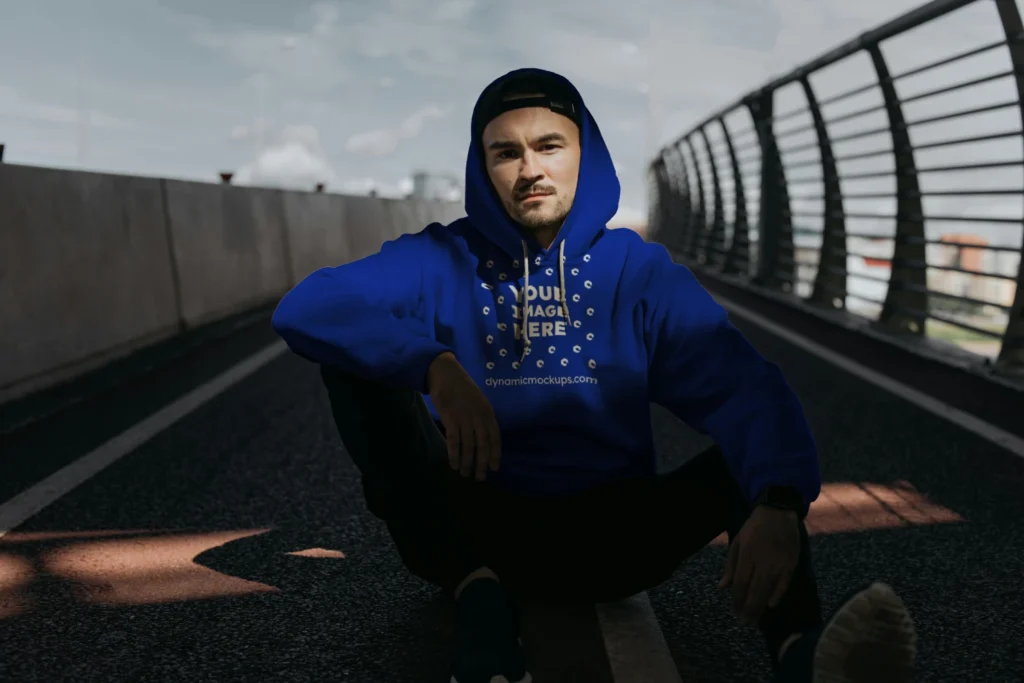 Man Wearing Dark Blue Hoodie Mockup Front View Template