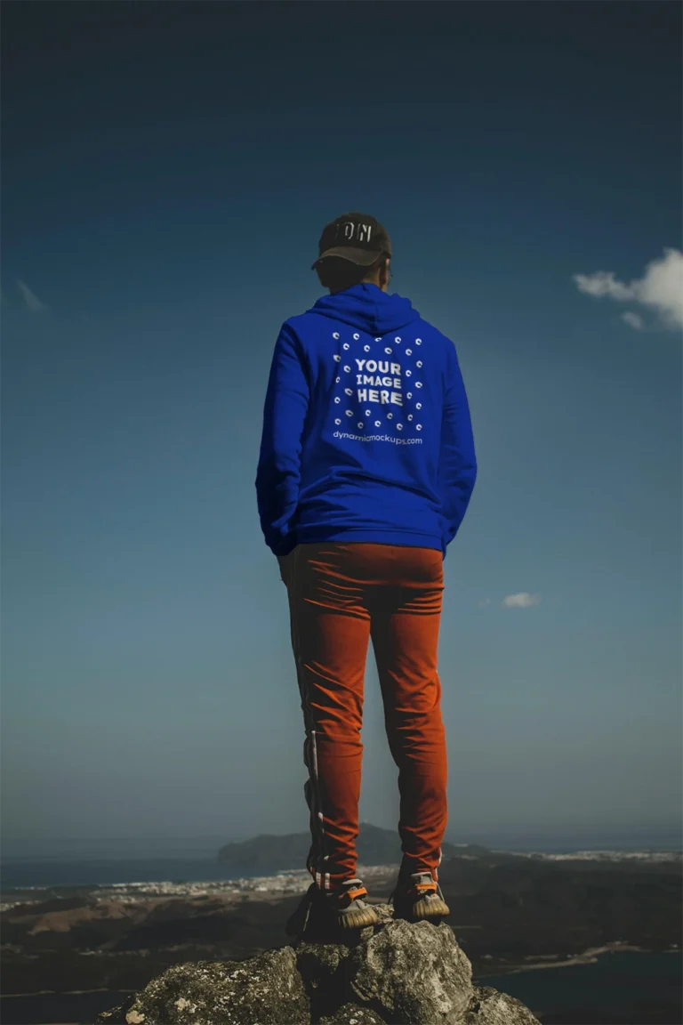 Man Wearing Dark Blue Hoodie Mockup Back View Template