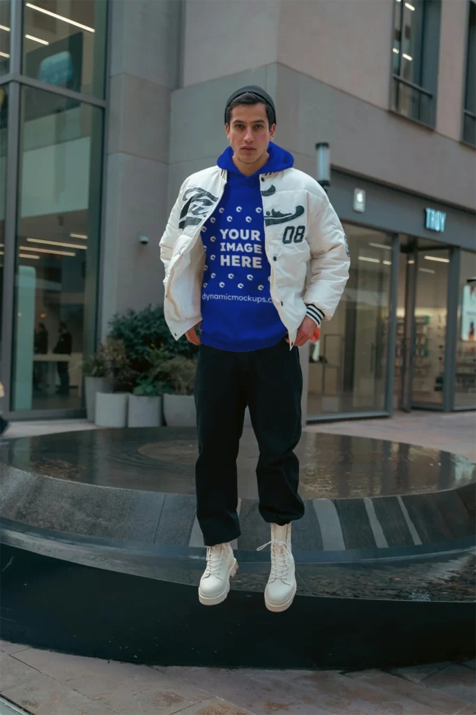 Man Wearing Dark Blue Hoodie Mockup Front View Template