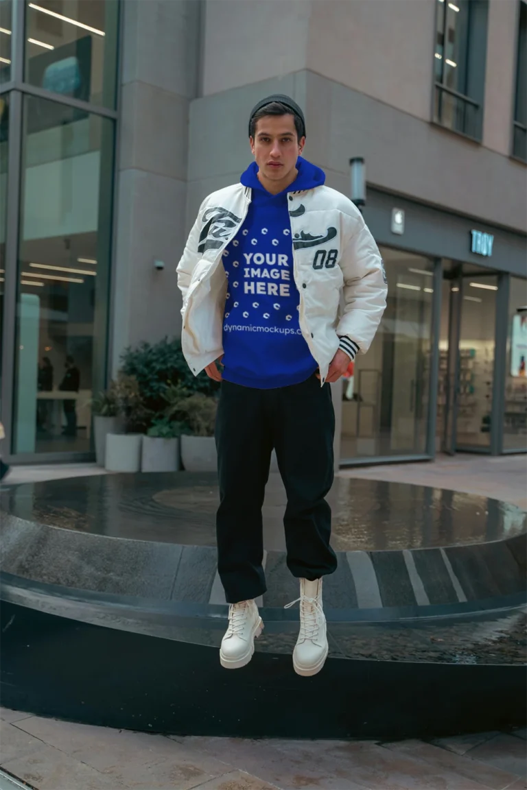 Man Wearing Dark Blue Hoodie Mockup Front View Template