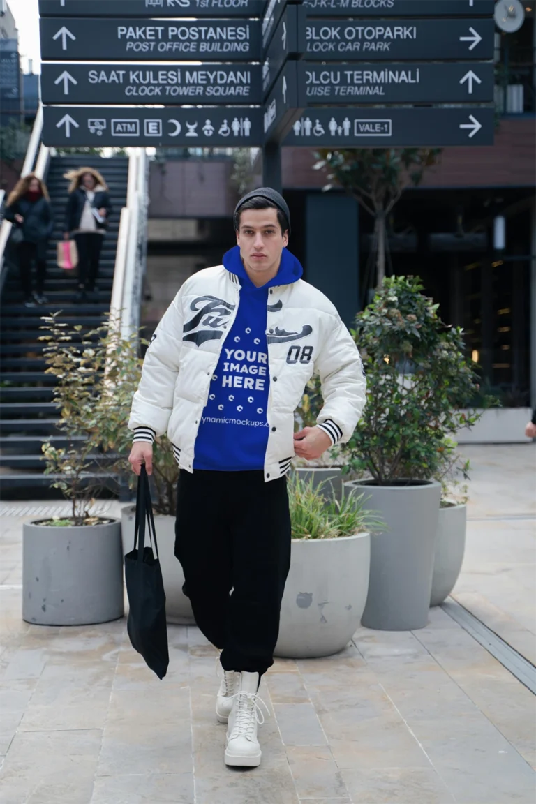 Man Wearing Dark Blue Hoodie Mockup Front View Template