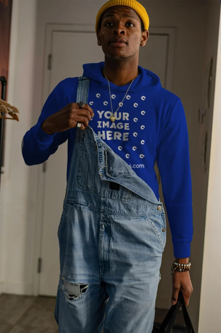 Man Wearing Dark Blue Hoodie Mockup Front View Template