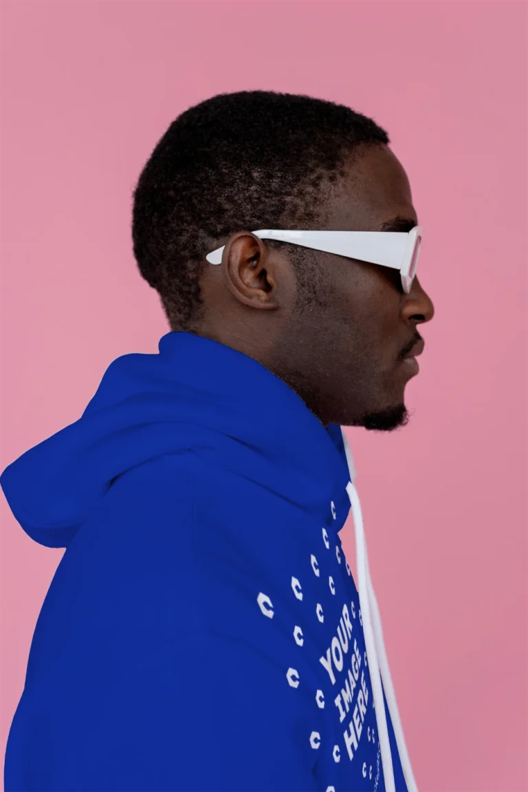 Man Wearing Dark Blue Hoodie Mockup Side View Template