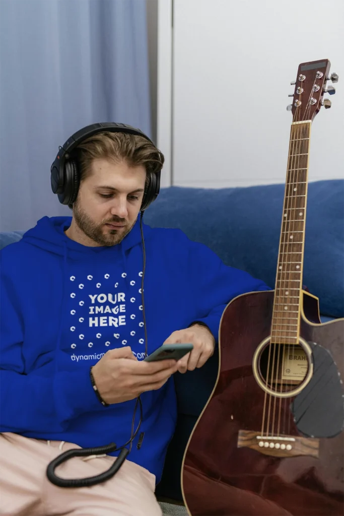 Man Wearing Dark Blue Hoodie Mockup Front View Template