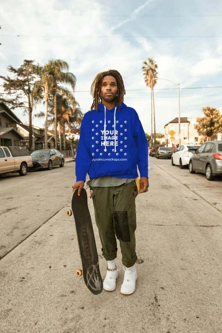 Man Wearing Dark Blue Hoodie Mockup Front View Template