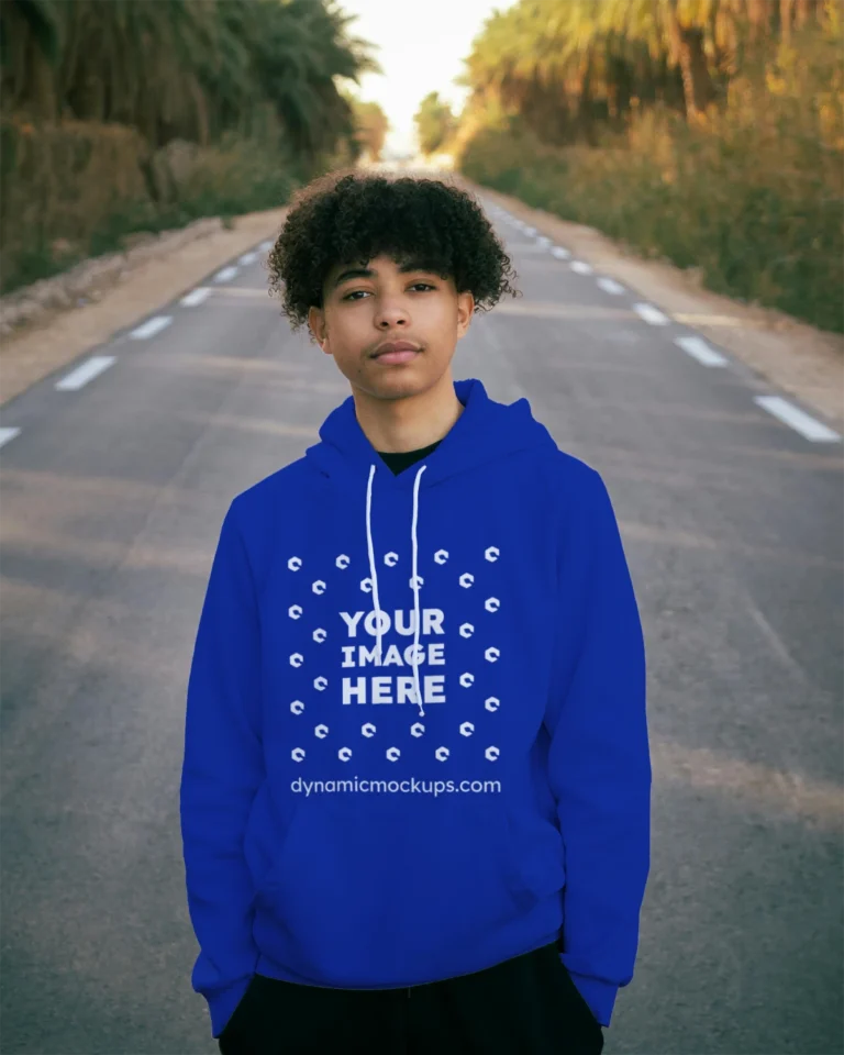 Man Wearing Dark Blue Hoodie Mockup Front View Template