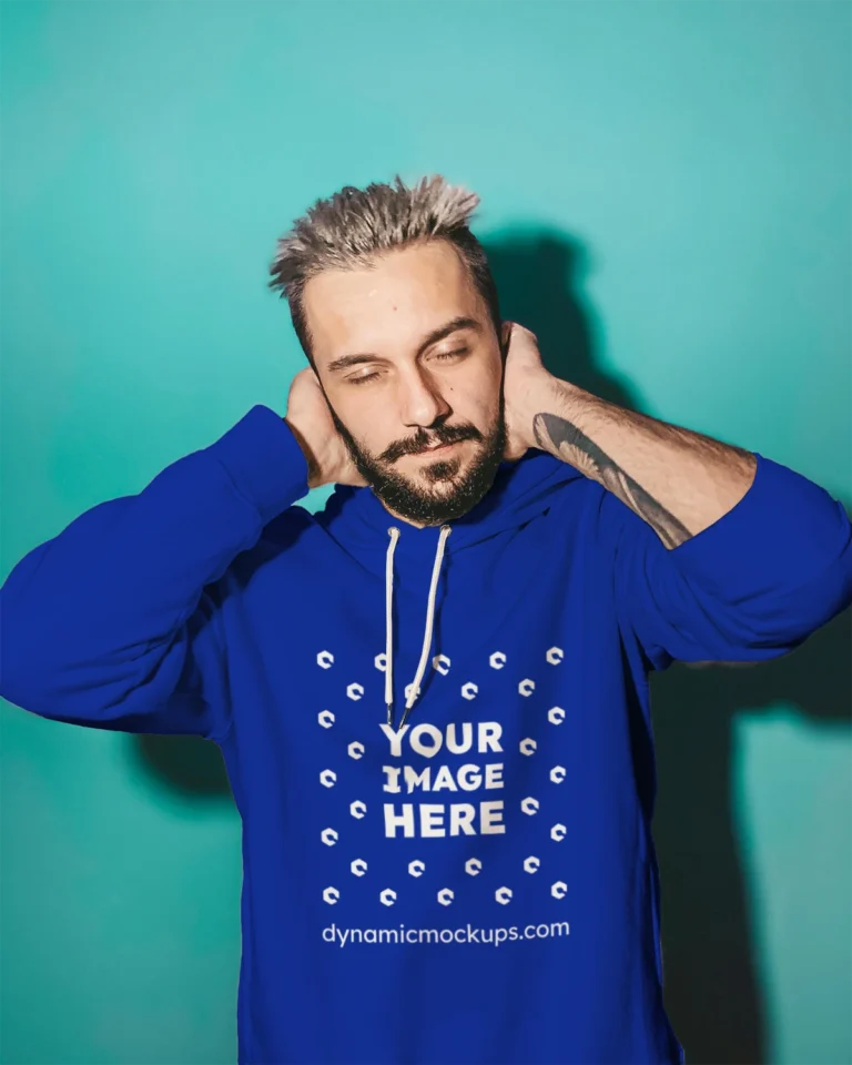 Man Wearing Dark Blue Hoodie Mockup Front View Template
