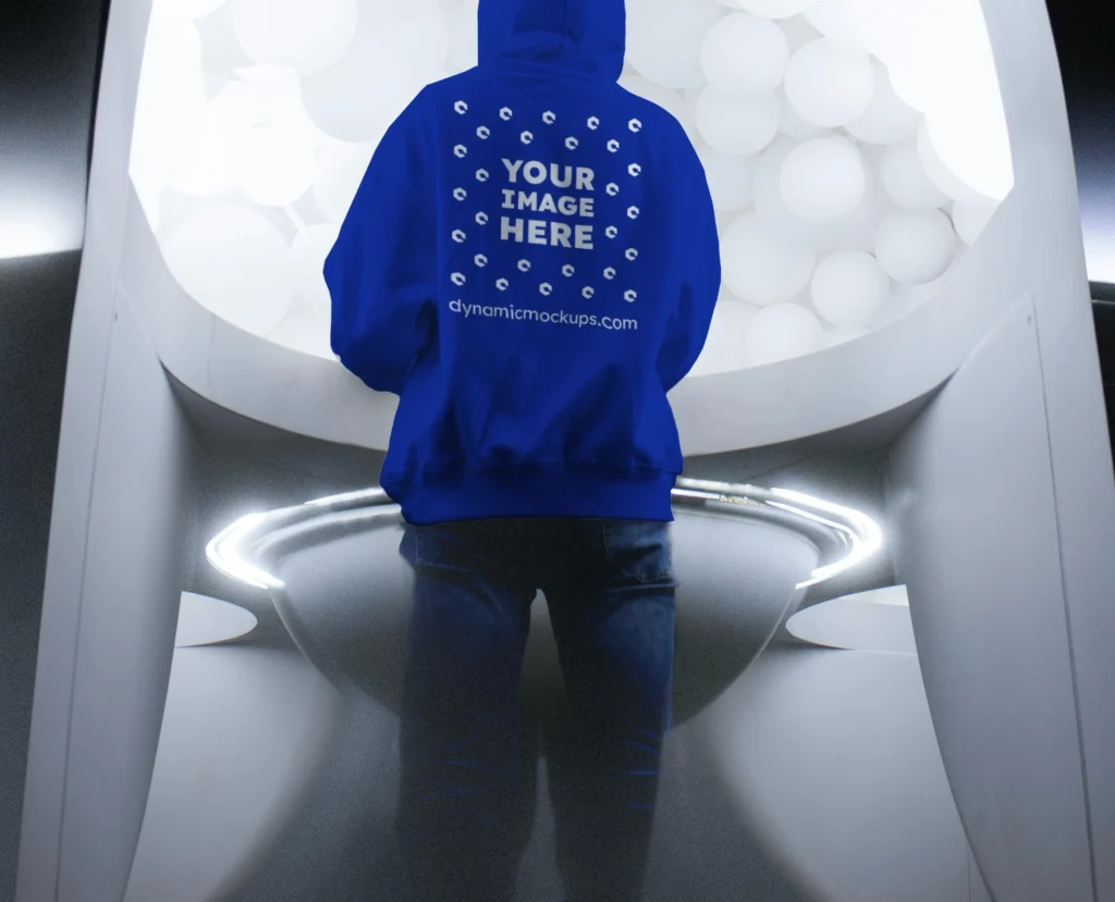 Man Wearing Dark Blue Hoodie Mockup Back View Template